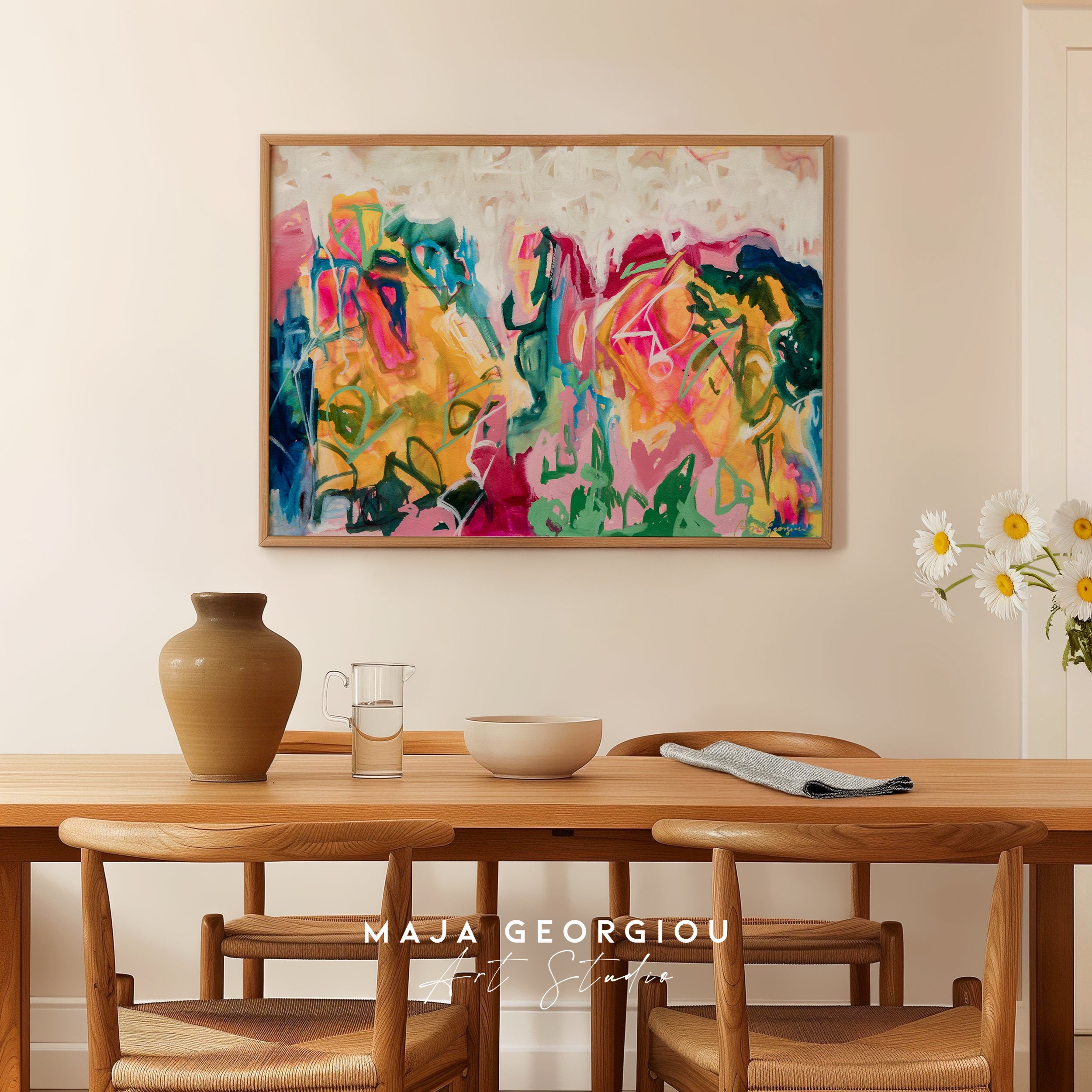 Load video: a door opening to a view of a painting hanging on the wall above a side table